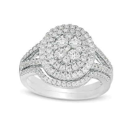 Diamant-Brautset mit doppeltem ovalem Rahmen und Quad-Besatz 1,13 ct. Gesamtgewicht in 10K Weißgold