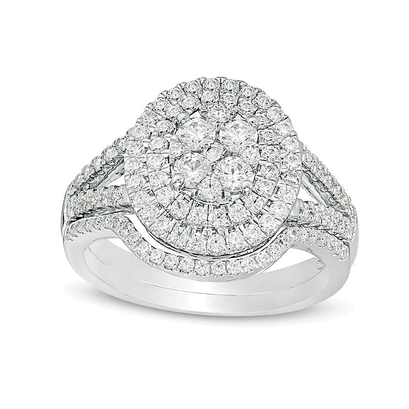 Diamant-Brautset mit doppeltem ovalem Rahmen und Quad-Besatz 1,13 ct. Gesamtgewicht in 10K Weißgold