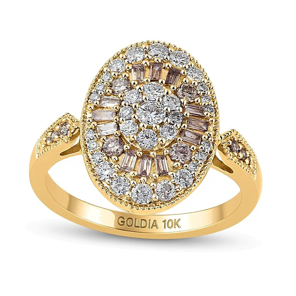 1.0 ct. Gesamtgewicht Multi-Diamant-Ring in Champagner und Weiß, oval, im Vintage-Stil aus 10K Gelbgold