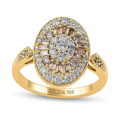 1.0 ct. Gesamtgewicht Multi-Diamant-Ring in Champagner und Weiß, oval, im Vintage-Stil aus 10K Gelbgold