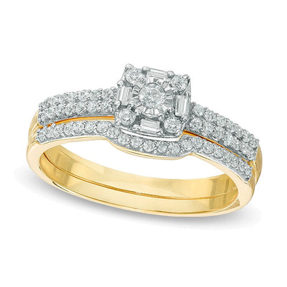 0.33 ct. Gesamtgewicht Diamant Brautset mit Kissenschliff-Rahmen und Doppelreihe in 10K Gelbgold