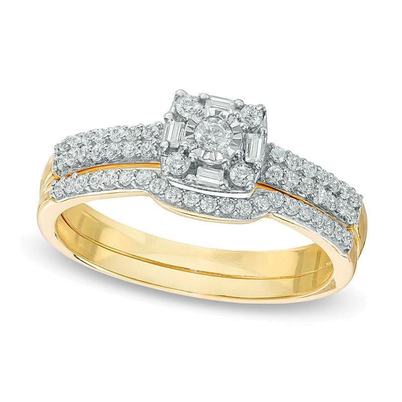 0.33 ct. Gesamtgewicht Diamant Brautset mit Kissenschliff-Rahmen und Doppelreihe in 10K Gelbgold
