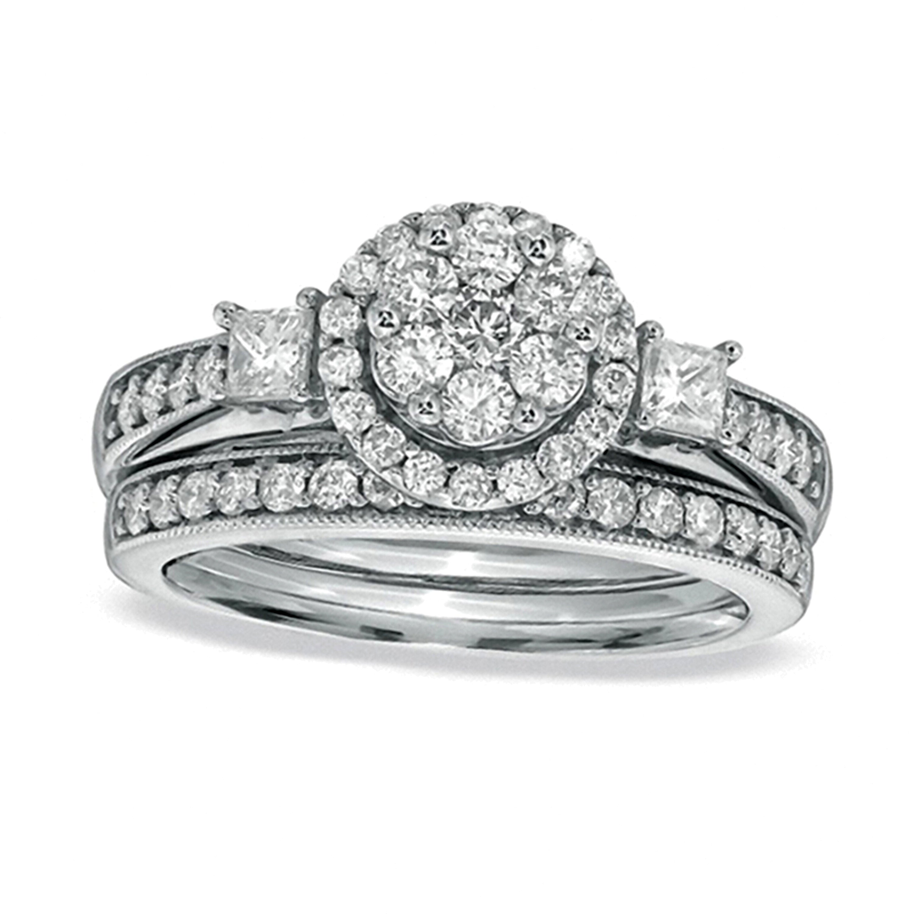 Braut-Set mit Diamanten im Princess- und Rundschliff 1.0 ct. Gesamtgewicht in 10K Weißgold