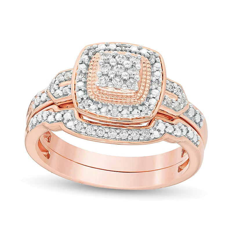 Braut-Set für Damen mit weißen Diamanten im Kissenschliff und Rundschliff, 14K Roségold
