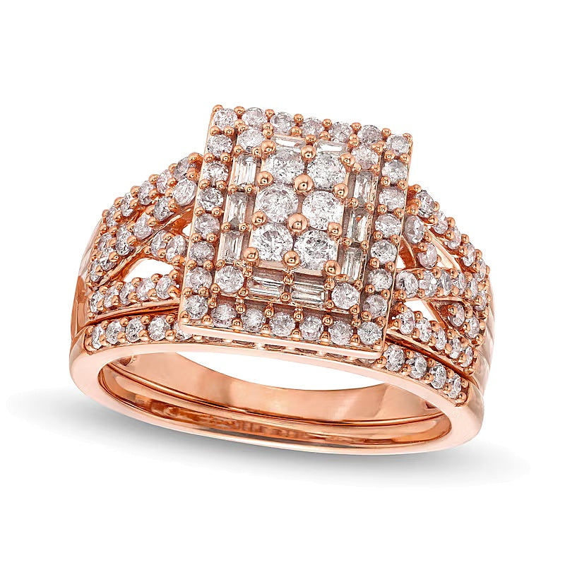 Braut-Set mit 1.0 ct. Gesamtgewicht Diamanten in Rechteck, rund und Baguette, Twist-Split-Shank in 10K Roségold