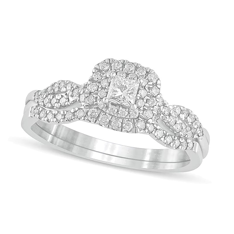 0.5 ct. Gesamtgewicht Brautset mit Diamanten im Princess-, Rund- und Kissenschliff in 10K Weißgold