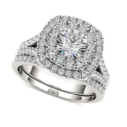 2.0 ct. Gesamtgewicht Diamant-Brautset mit doppeltem Kissenschliff-Rahmen und geteiltem Ringschenkel in 14K Weißgold