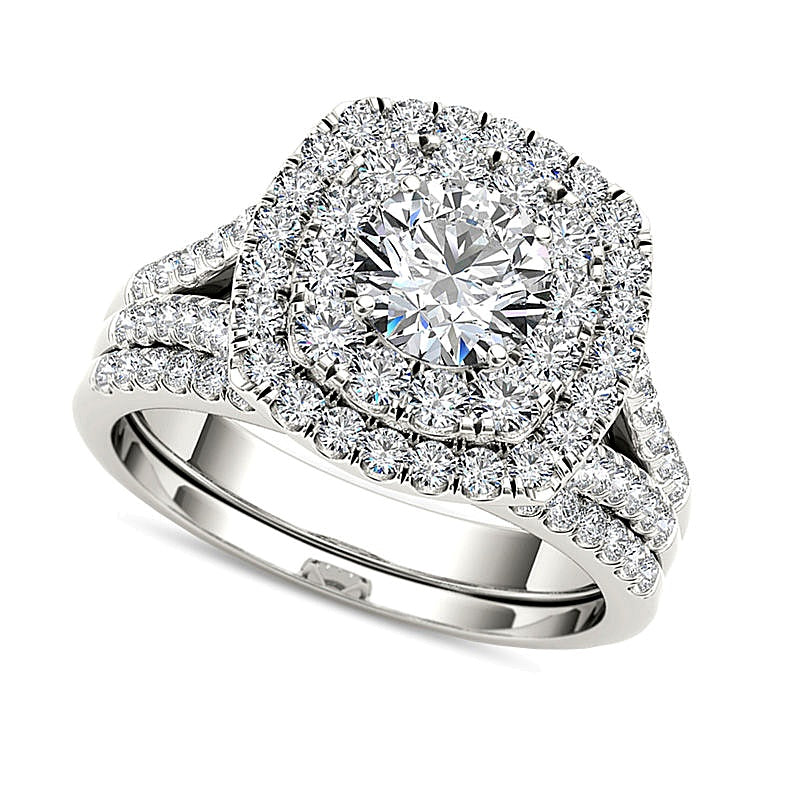 2.0 ct. Gesamtgewicht Diamant-Brautset mit doppeltem Kissenschliff-Rahmen und geteiltem Ringschenkel in 14K Weißgold