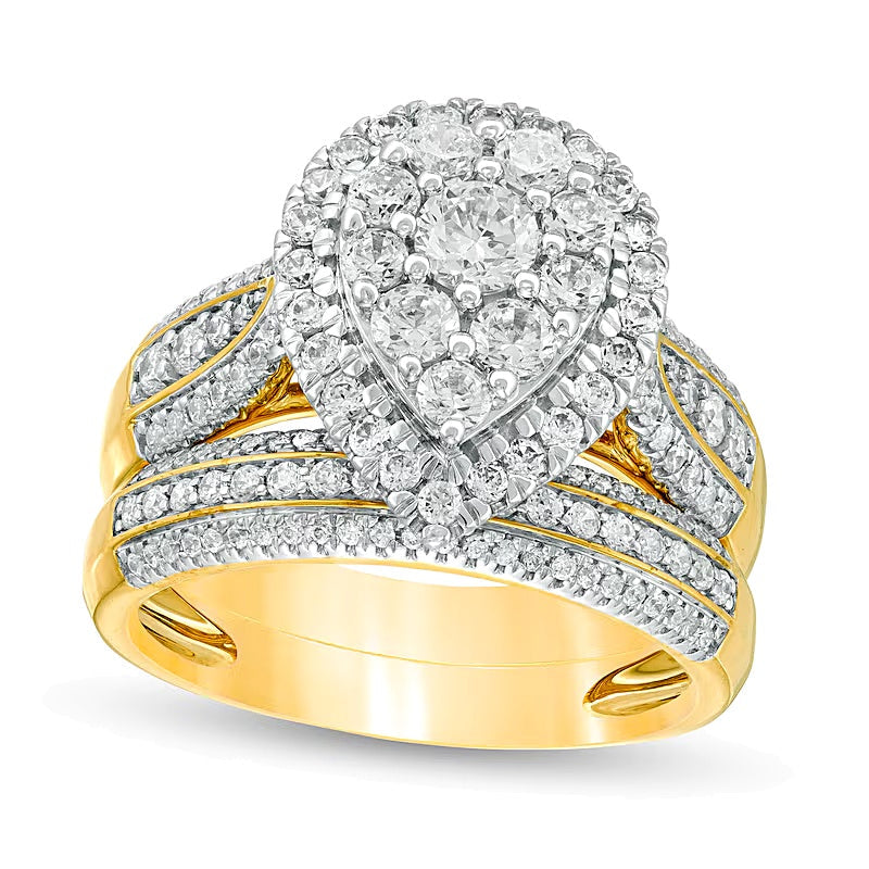 Braut-Set mit tropfenförmigen und runden Diamanten, mehrreihig, 1.5 ct. Gesamtgewicht, in 10K Gelbgold