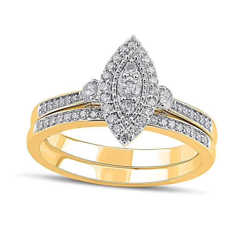 0,5 ct. Gesamtgewicht Diamant-Brautset mit Marquise-Komposit und Doppel-Halo für Damen in 10K Gelbgold