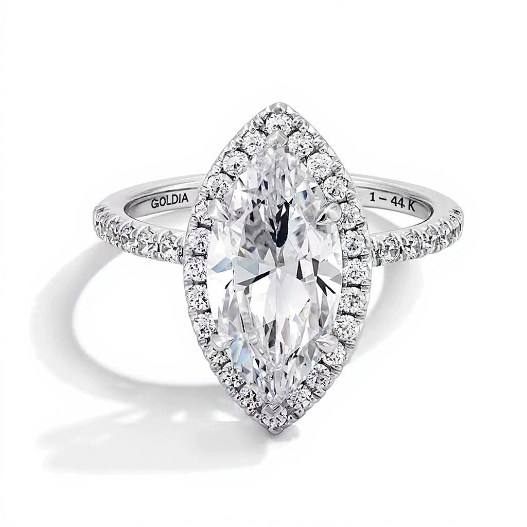 3.5 ct. Gesamtgewicht Verlobungsring Halo mit Labordiamanten im Marquise- und Rundschliff in 14K Weißgold (F/VS2)