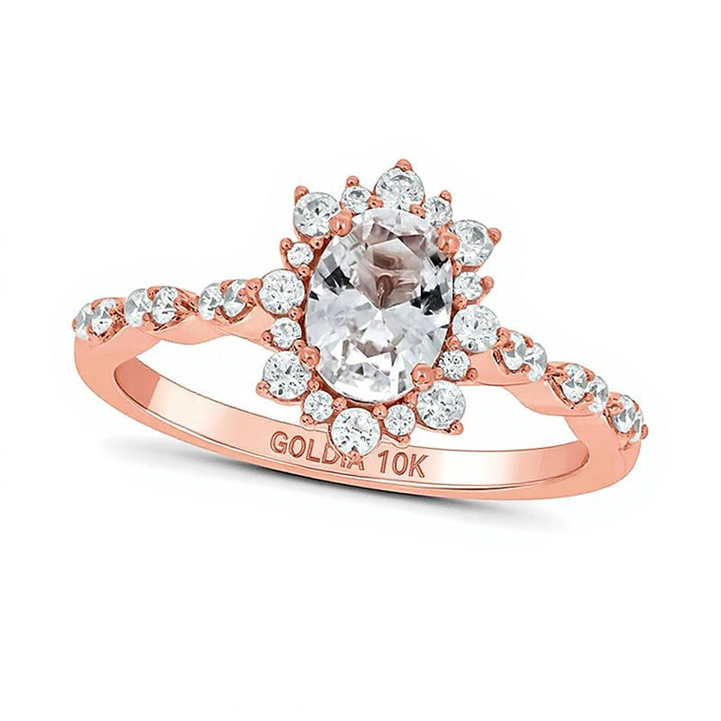 Verlobungsring mit ovalem weißem Labor-Saphir und 0,33 ct. Gesamtgewicht Diamanten, Starburst-Halo mit Scallop-Ringschiene, in 10K Roségold