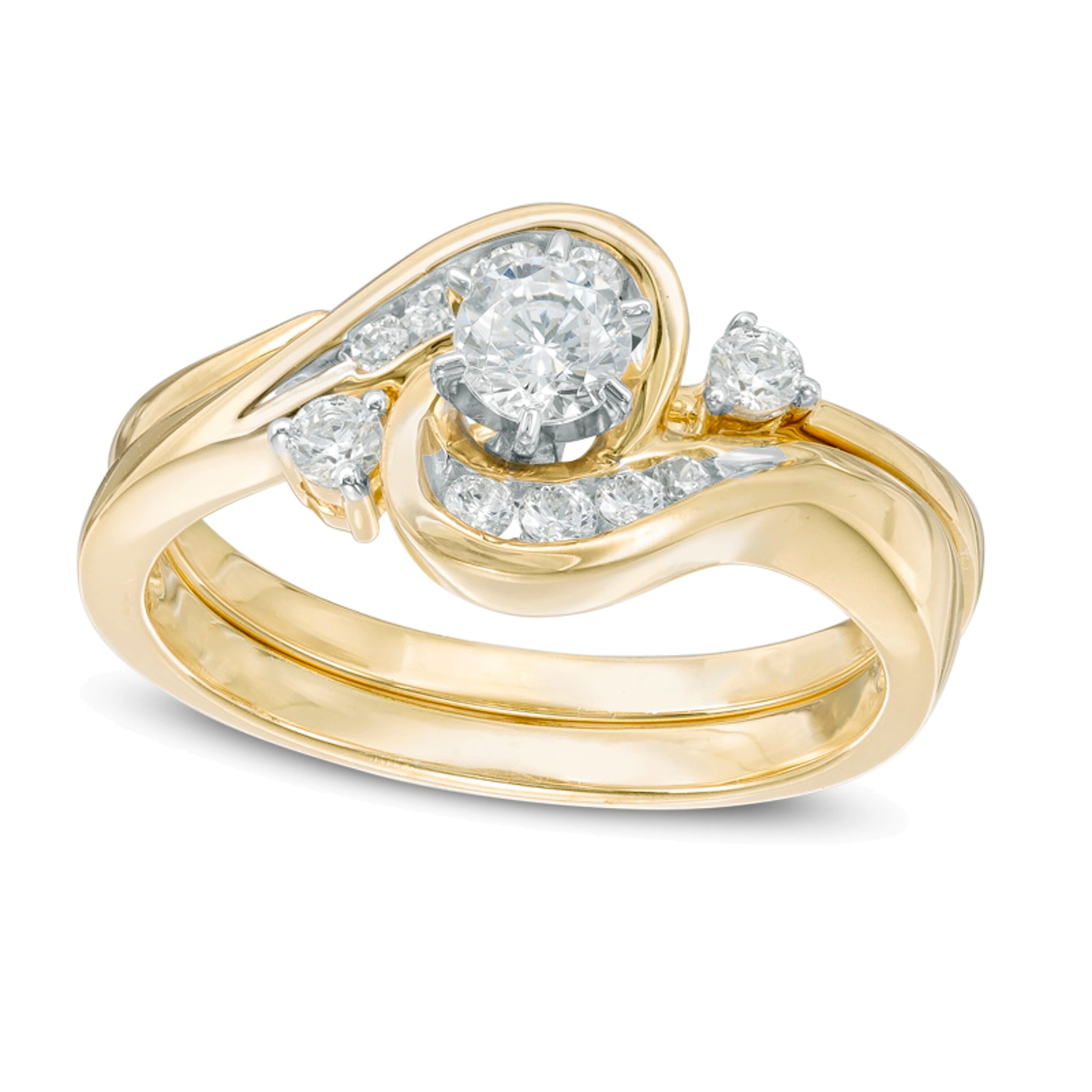 0.5 ct. Gesamtgewicht Diamant Brautset mit Halo und Bypass in 10K Gelbgold