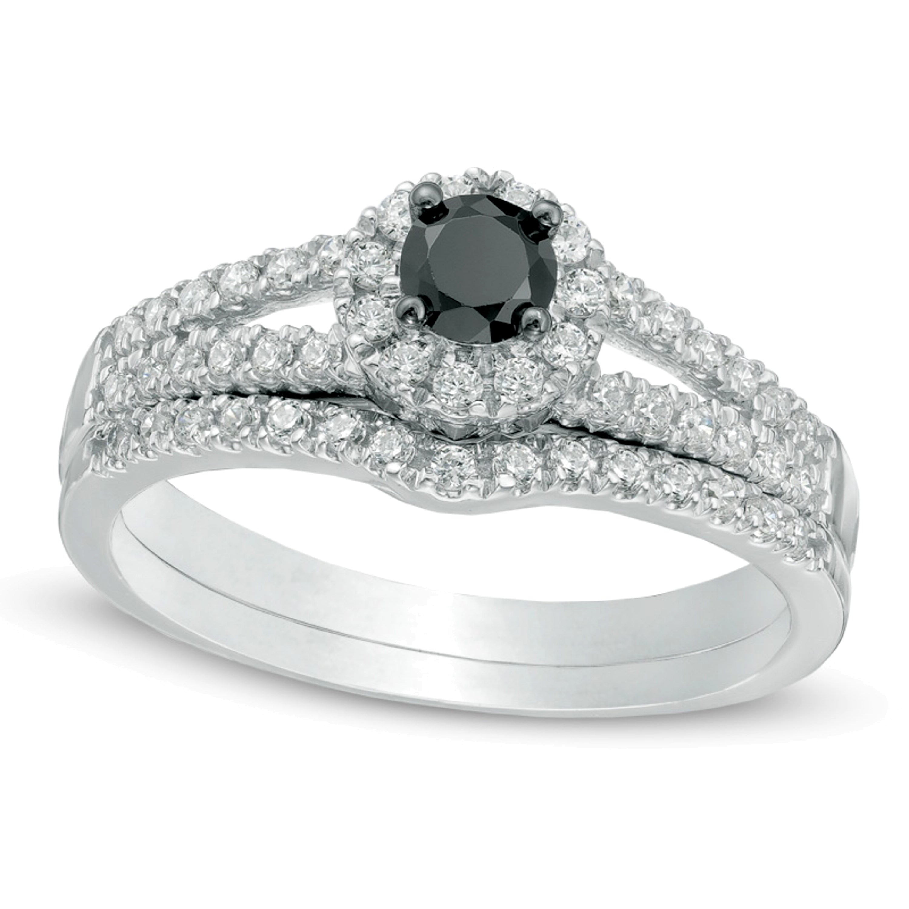 0,5 ct. Gesamtgewicht Brautset mit behandelten schwarzen und weißen Diamanten und geteiltem Schaft in 10K Weißgold