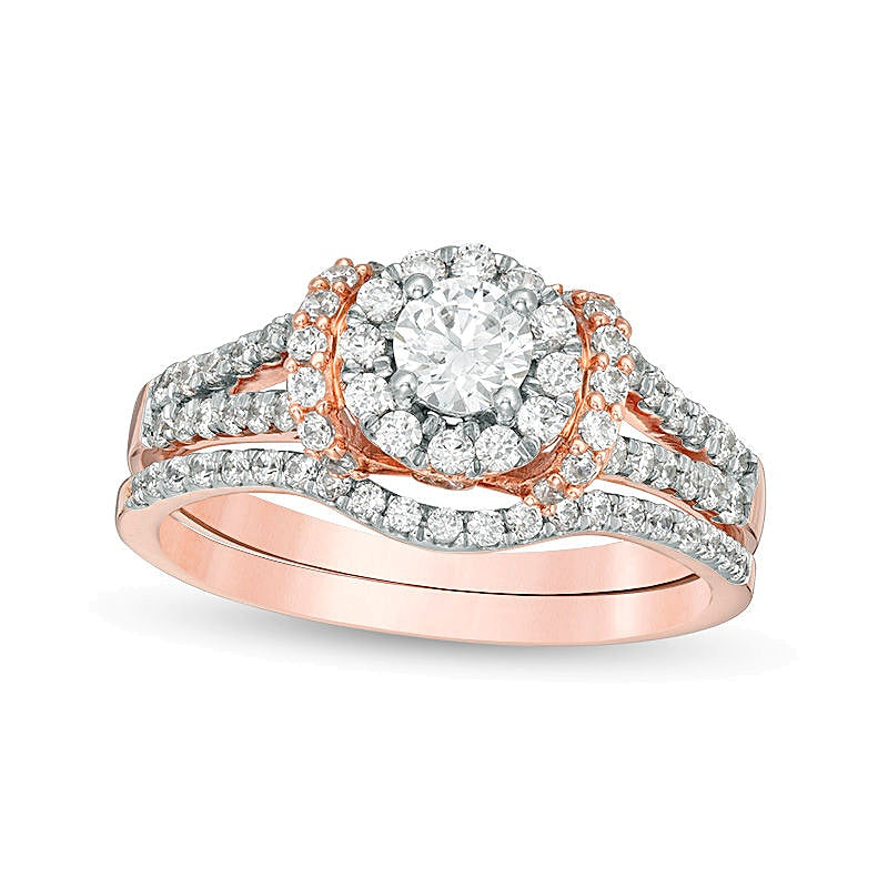 0.88 ct. Gesamtgewicht Diamant Brautset mit Halo-Rahmen in 10K Roségold