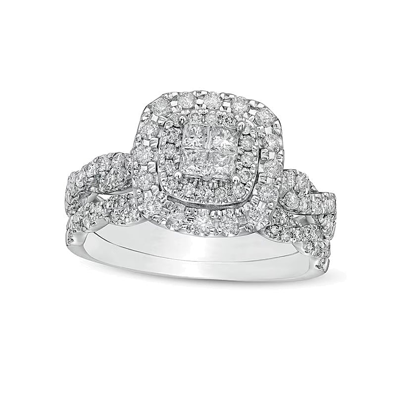 Braut-Set mit Diamanten im Princess-, Rund- und Kissenschliff, 1.0 ct. Gesamtgewicht, in 14K Weißgold