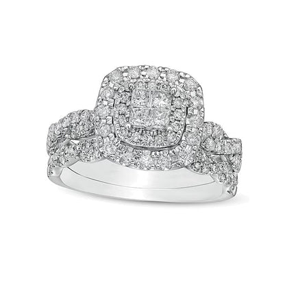 Braut-Set mit Diamanten im Princess-, Rund- und Kissenschliff, 1.0 ct. Gesamtgewicht, in 14K Weißgold