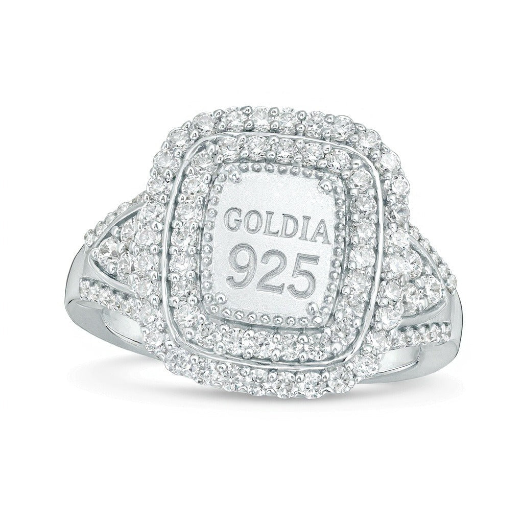 1.0 ct. Gesamtgewicht Komposit-Diamant Ring mit rechteckigem Doppelrahmen aus rhodiniertem Sterlingsilber