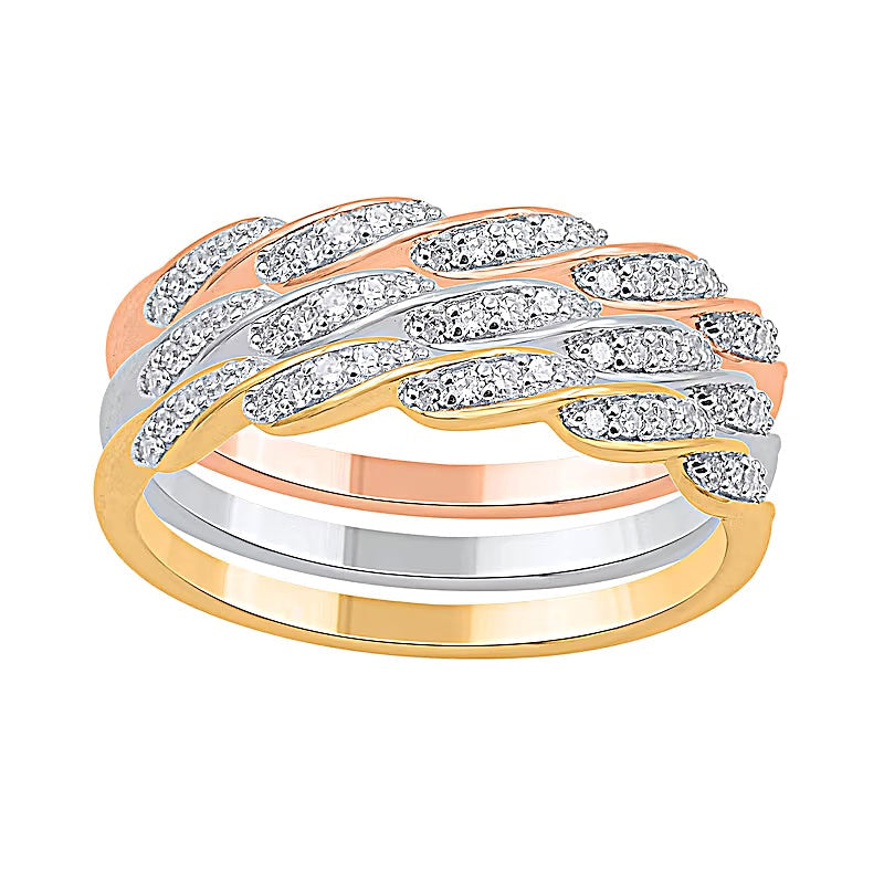 0.33 ct. Gesamtgewicht Diamant Stapel-Ring-Set mit Kaskaden-Twist, dreiteilig, in Sterlingsilber und zweifarbigem Rhodium
