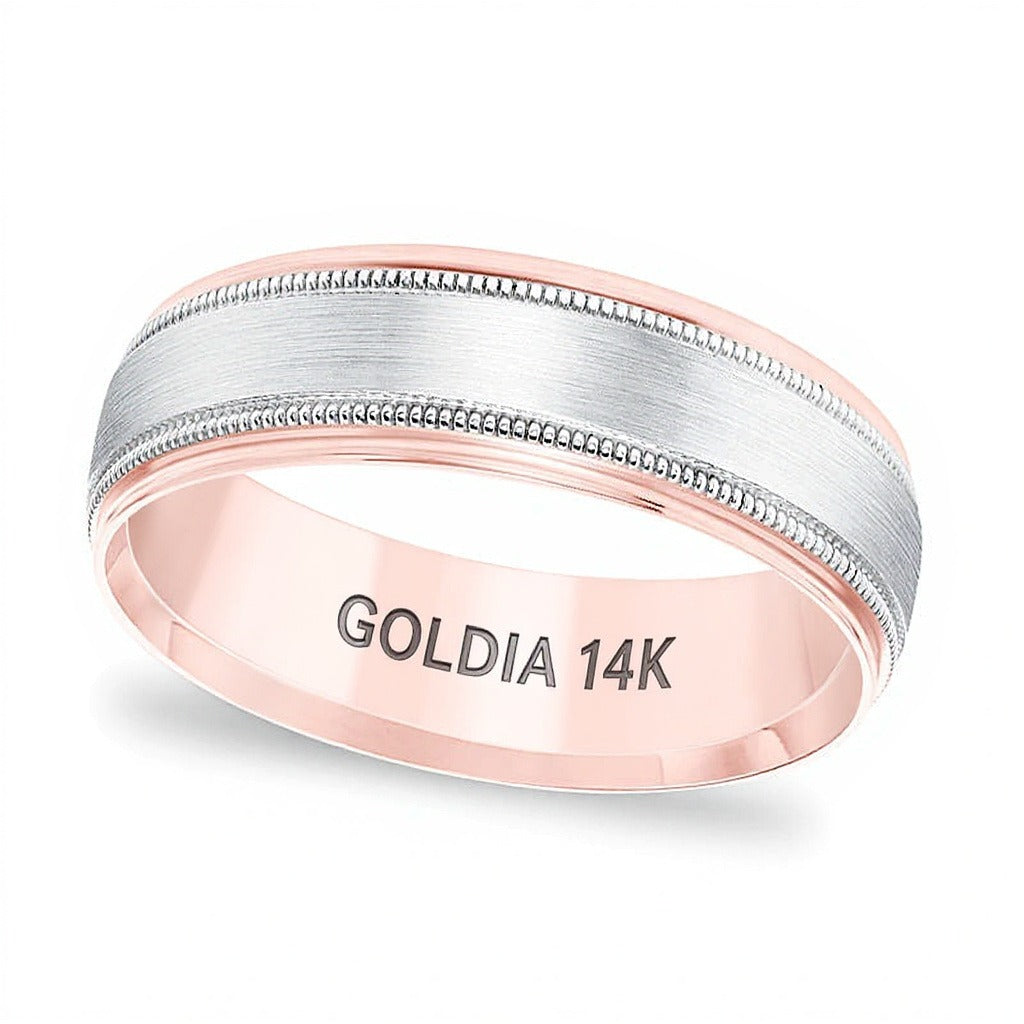 6,5mm Ehering mit Komfortschliff, gebürstetem Zentrum und Milgrain-Kante in 14K Bicolor-Gold