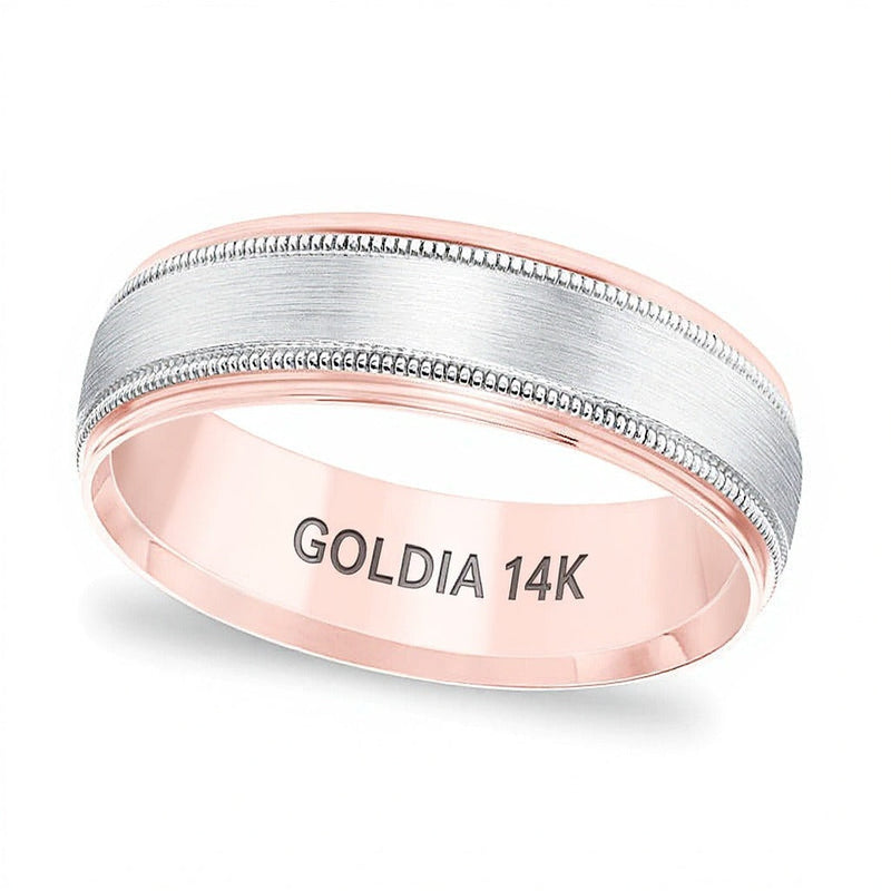 6,5mm Ehering mit Komfortschliff, gebürstetem Zentrum und Milgrain-Kante in 14K Bicolor-Gold