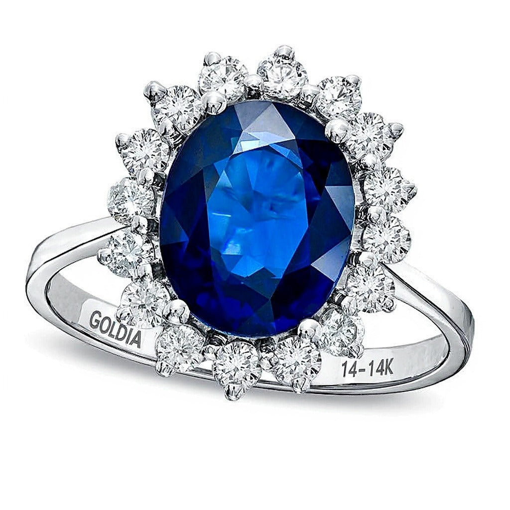 Halo-Ring mit ovalem blauem Saphir und Diamanten von 0,5 ct. Gesamtgewicht in 14K Weißgold