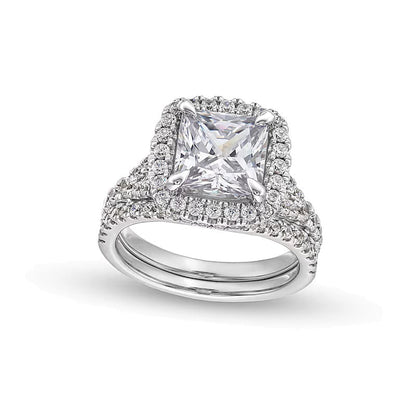5.25 CT. TW Braut-Set mit Labordiamanten im Princess- und Rundschliff, Halo, geteilter Ringschiene in 14K Weißgold (I/SI2)