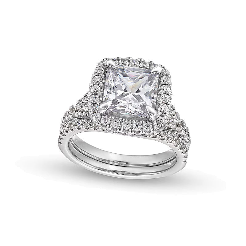 5.25 CT. TW Braut-Set mit Labordiamanten im Princess- und Rundschliff, Halo, geteilter Ringschiene in 14K Weißgold (I/SI2)