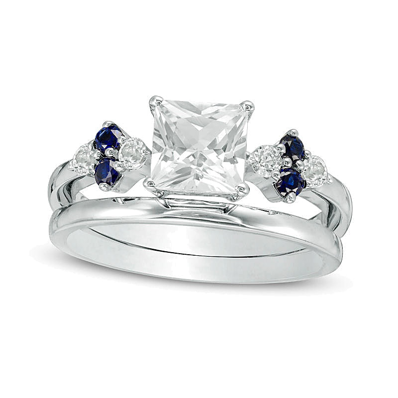 Braut-Set mit weißem und blauem Saphir (labor­gezüchtet), Princess-Schliff 5,0 mm, in rhodiniertem Sterlingsilber