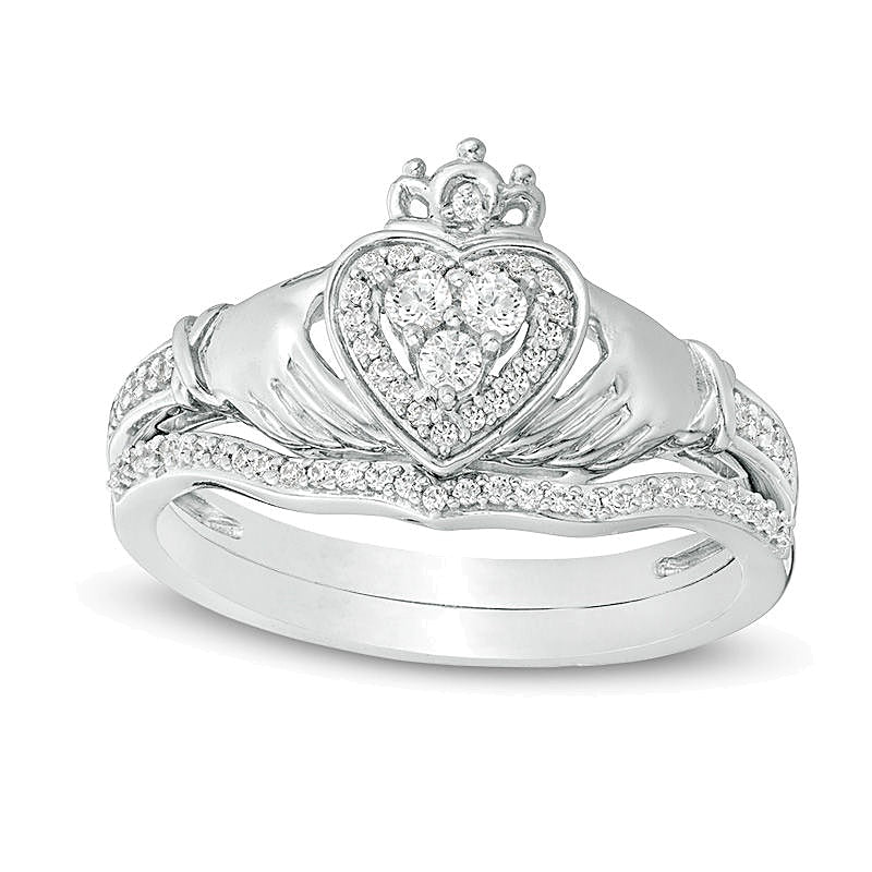 0,25 ct. Gesamtgewicht Komposit-Diamant Claddagh Braut-Set in 10K Weißgold