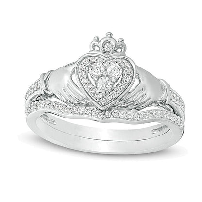 0,25 ct. Gesamtgewicht Komposit-Diamant Claddagh Braut-Set in 10K Weißgold