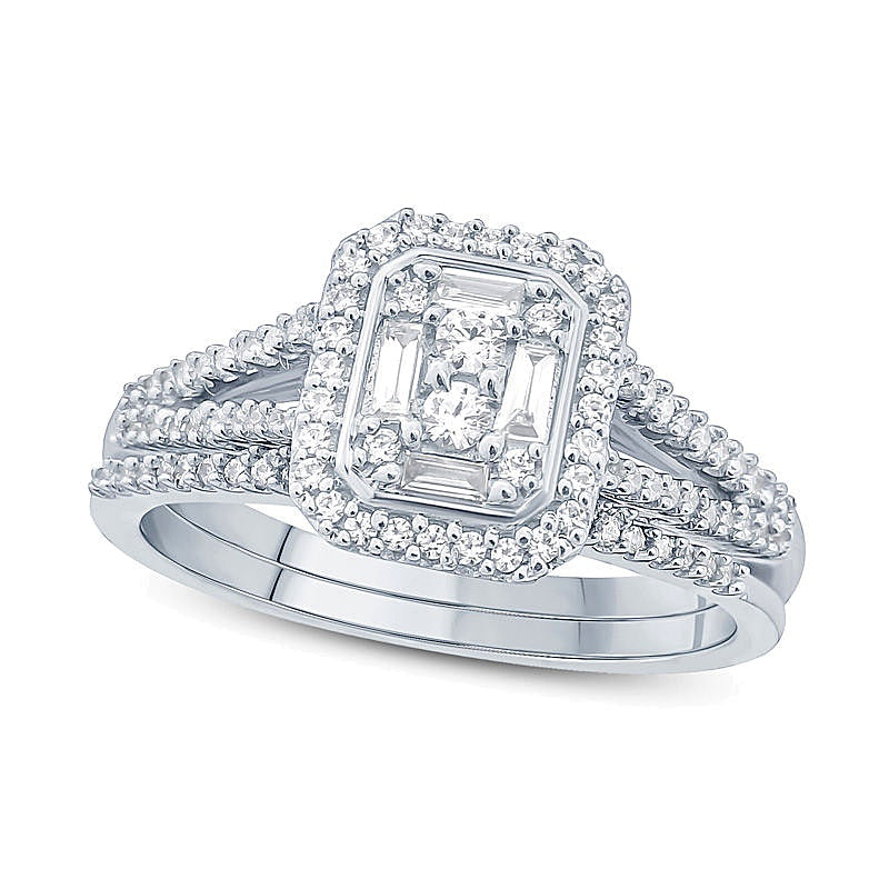 Braut-Set Verlobungsring mit Komposit-Diamanten im Rechteck-Rahmen 0,38 ct. Gesamtgewicht in 10K Weißgold