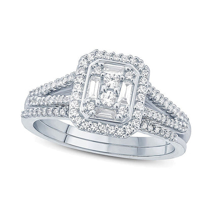 Braut-Set Verlobungsring mit Komposit-Diamanten im Rechteck-Rahmen 0,38 ct. Gesamtgewicht in 10K Weißgold