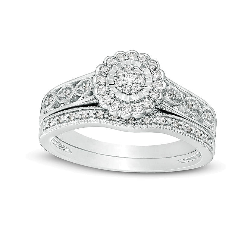 0.2 ct. Gesamtgewicht Komposit-Diamant Braut-Set im Vintage-Stil mit Blütenrahmen aus rhodiniertem Sterlingsilber