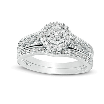 0.2 ct. Gesamtgewicht Komposit-Diamant Braut-Set im Vintage-Stil mit Blütenrahmen aus rhodiniertem Sterlingsilber