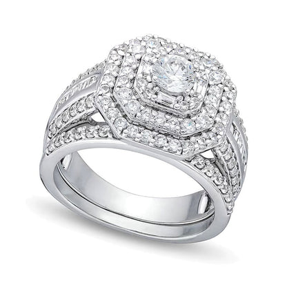 1.5 ct. Gesamtgewicht Diamant Brautset mit Kissenschliff, dreireihig und achteckigem Rahmen in 10K Weißgold