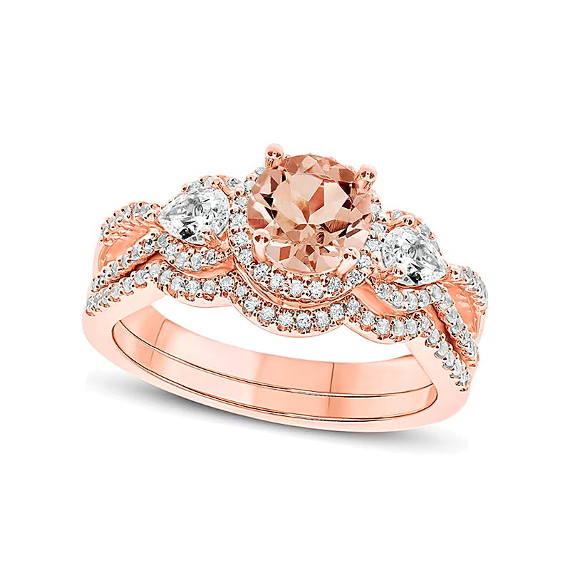 6,0 mm Morganit, weißer Topas und Diamant 0,33 ct. Gesamtgewicht Dreistein-Brautset in 10K Roségold