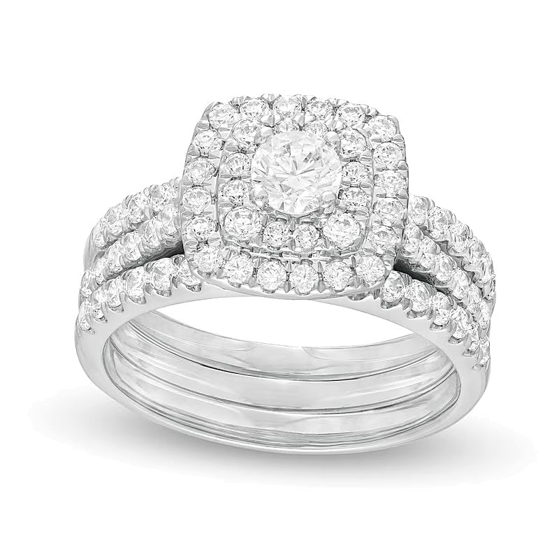 Diamant-Brautset mit doppeltem Kissenschliff-Rahmen, dreiteilig, 1,5 ct. Gesamtgewicht, in 10K Weißgold