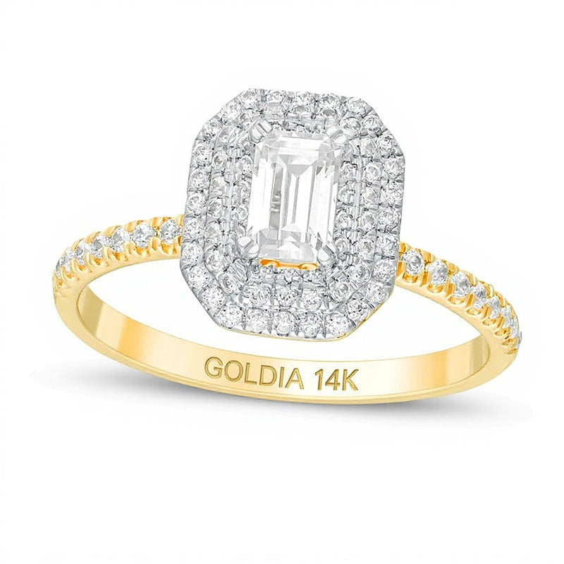 0,75 ct. Gesamtgewicht Verlobungsring mit Diamant im Smaragdschliff und doppeltem oktogonalem Halo in 14K Gelbgold