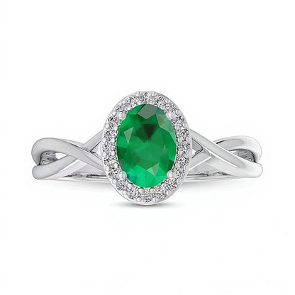 Fashion-Ring mit ovalem Smaragd und 0,07 ct. Gesamtgewicht Diamanten in 10K Weißgold