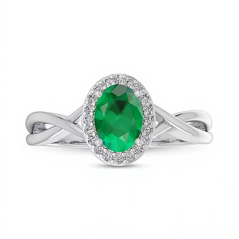 Fashion-Ring mit ovalem Smaragd und 0,07 ct. Gesamtgewicht Diamanten in 10K Weißgold