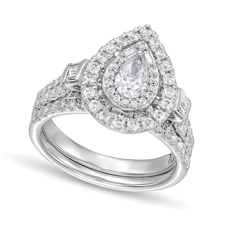 Braut-Set mit Diamanten im Tropfen- und Rundschliff, zweireihig, 1.0 ct. Gesamtgewicht, in 10K Weißgold