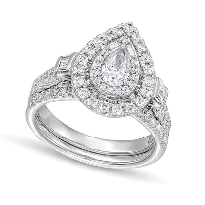 Braut-Set mit Diamanten im Tropfen- und Rundschliff, zweireihig, 1.0 ct. Gesamtgewicht, in 10K Weißgold