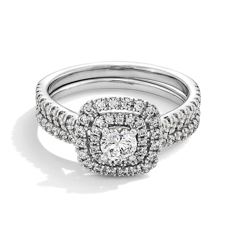 1.0 CT. Gesamtgewicht Diamant Braut-Set mit doppeltem Kissenschliff-Rahmen in 14K Weißgold