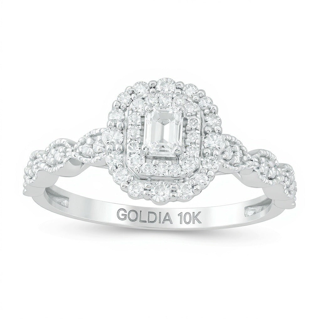 0,38 ct. Gesamtgewicht Verlobungsring im Art-déco-Vintage-Stil mit Diamanten im Smaragdschliff und doppeltem Rahmen in 10K Weißgold