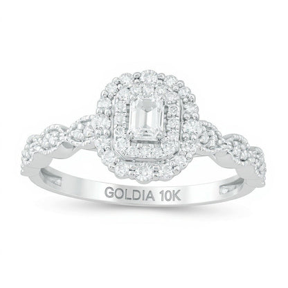 0,38 ct. Gesamtgewicht Verlobungsring im Art-déco-Vintage-Stil mit Diamanten im Smaragdschliff und doppeltem Rahmen in 10K Weißgold