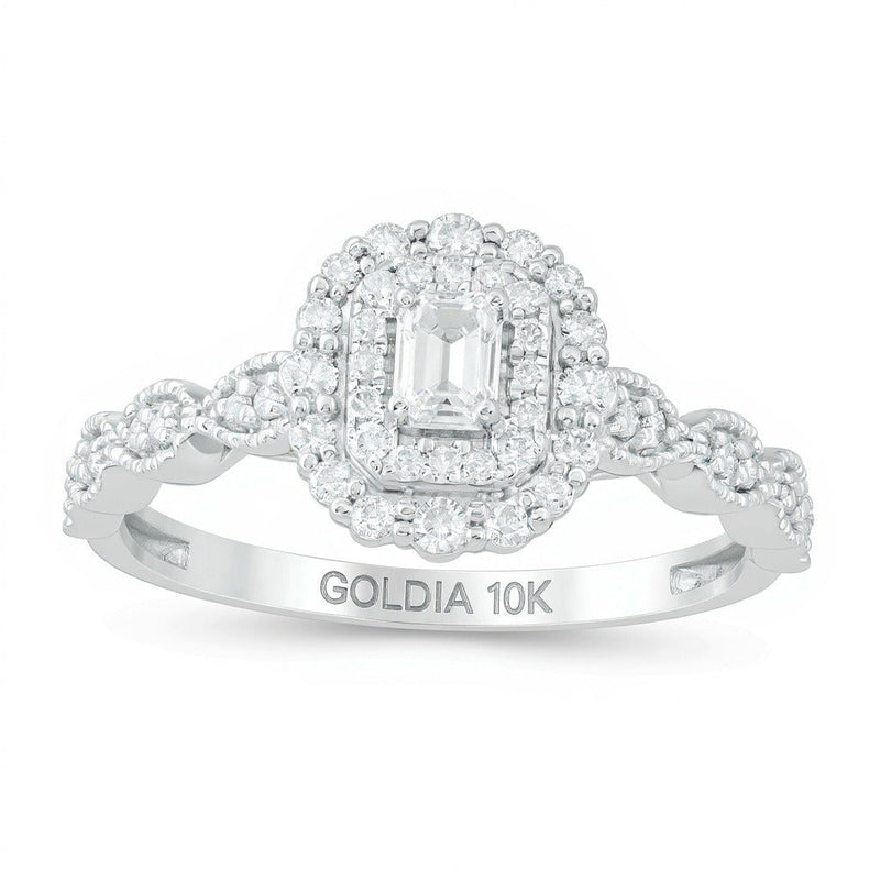 0,38 ct. Gesamtgewicht Verlobungsring im Art-déco-Vintage-Stil mit Diamanten im Smaragdschliff und doppeltem Rahmen in 10K Weißgold