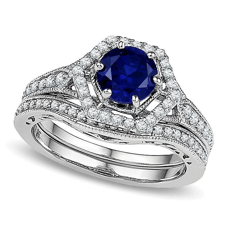 7,0 mm im Labor gezüchteter blauer Saphir und 0,38 ct. Gesamtgewicht Diamant Braut-Set in 10K Weißgold