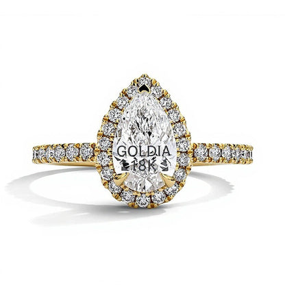 1,5 ct. Gesamtgewicht Verlobungsring mit tropfenförmigem Labordiamant und Halo in 18K Gelbgold (D/IF)