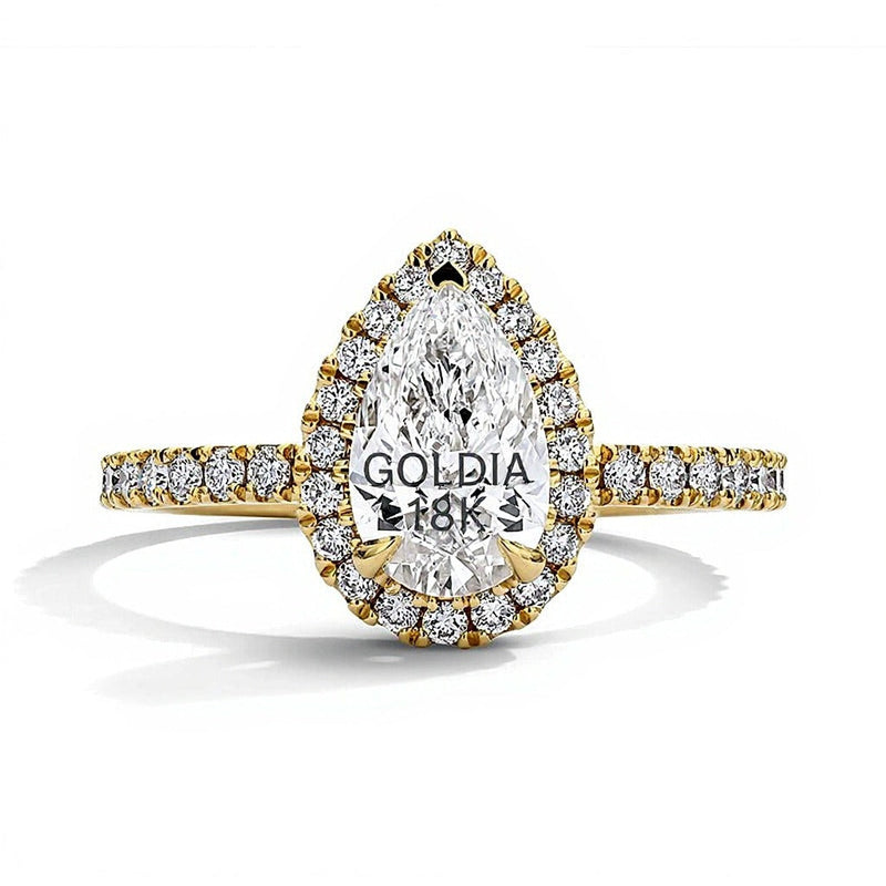 1,5 ct. Gesamtgewicht Verlobungsring mit tropfenförmigem Labordiamant und Halo in 18K Gelbgold (D/IF)